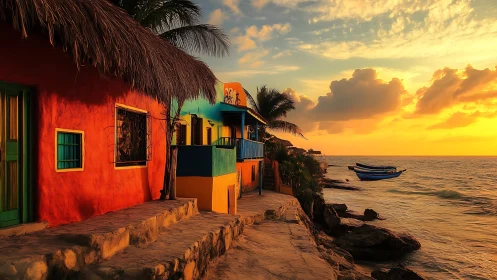 Coastal buildings and boats are illuminated by low sunset light