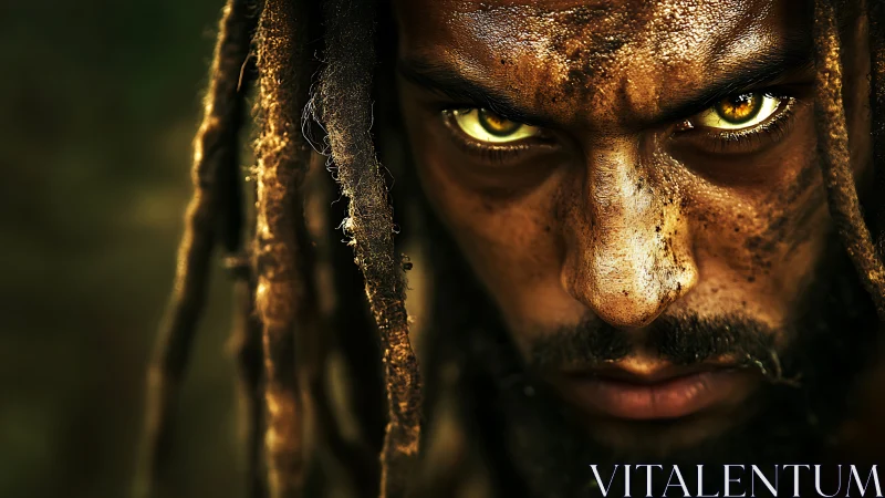 Intense golden-eyed stare framed by rugged dreadlocks.