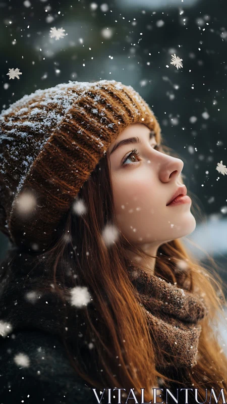 Quiet winter daydream beneath falling snowflakes outdoors.