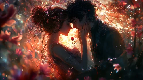 Couple Embraced in Glowing Fiery Light