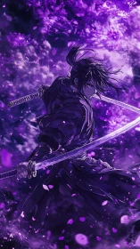 Samurai warrior commands twin blades in violet storm.