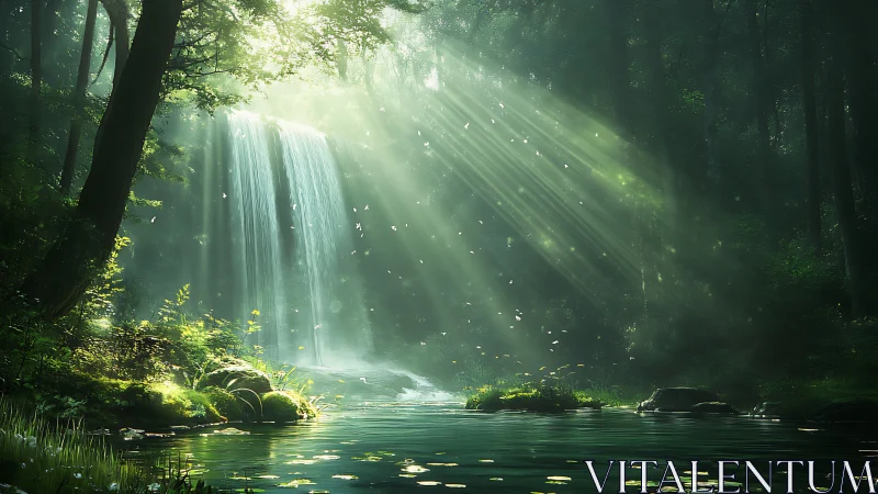 Enchanting Waterfall in Sunlit Forest, Realistic Fantasy Style.