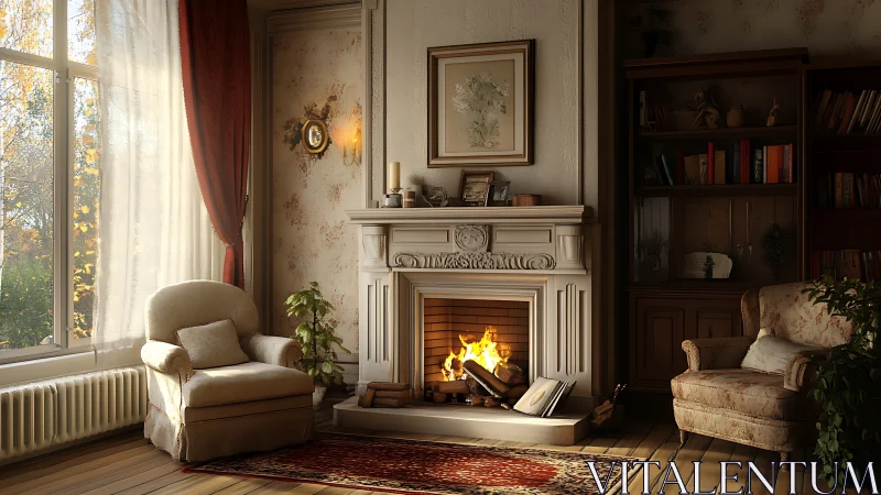 Fireplace-centered sitting room is rendered with soft daylight