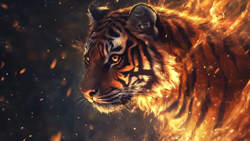 Tiger profile rendered in flames against dark backdrop.
