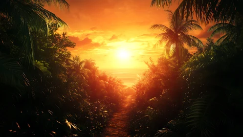 Sunset pathway glows through lush tropical jungle foliage.