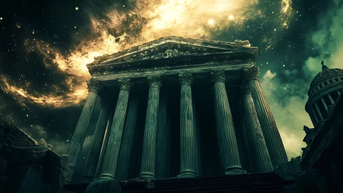 Ancient colonnaded temple under galactic nebula sky, low-angle