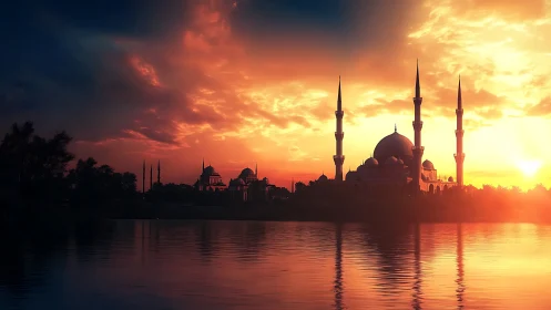 Sunset mosque silhouette with reflective water and dramatic sky