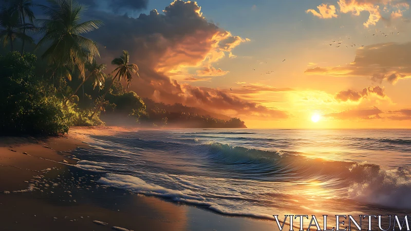 Golden tropical shoreline glows under a tranquil ocean sunset.