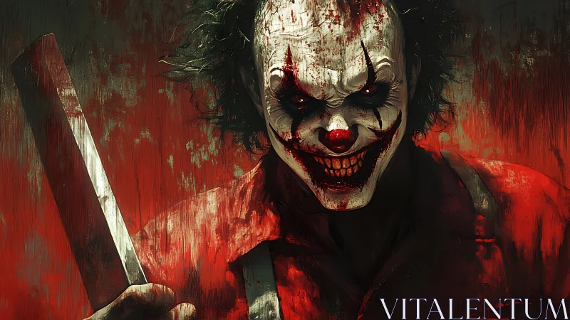 Grim clown figure holds large blade against red backdrop