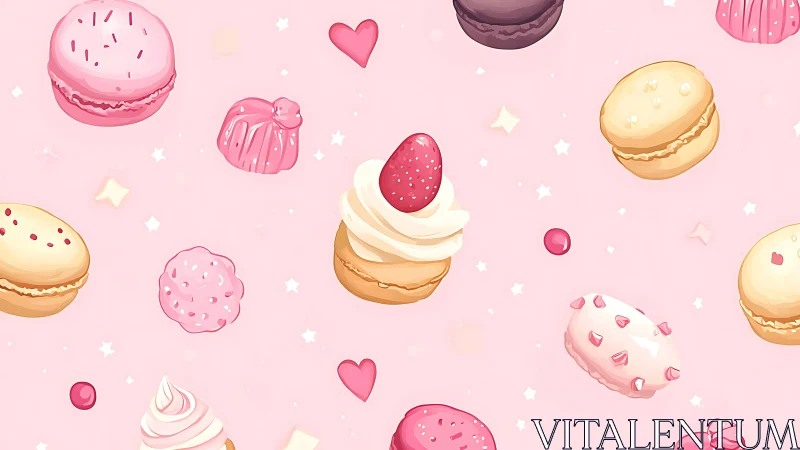 Pastel macarons and sweets scatter across soft pink background
