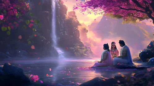 Mythic riverside ritual under luminous sakura canopy.