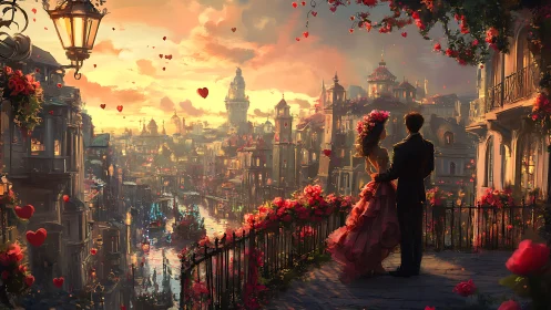Fantasy cityscape with couple at sunset among roses.