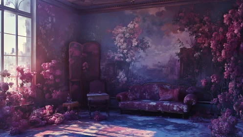 Lavish purple lounge with overgrown flowers and city view.