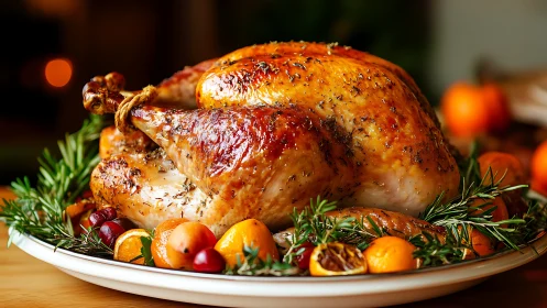 Golden-Roasted Poultry with Root Vegetable Garnish and Herb Styling.