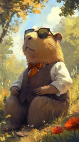 Dapper capybara in vest and sunglasses under sunlight.