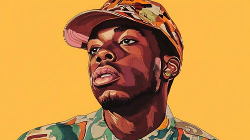 Patterned cap and quiet confidence color the portrait skyward