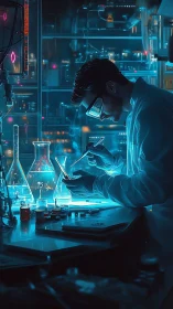 Futuristic neon lab scientist conducting high-tech experiment.