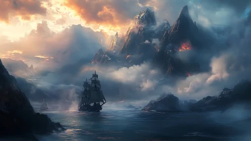 Tall ship nears volcanic fjord under stormlit sky.