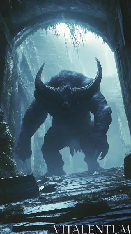 Massive horned beast stalking a ruined underground corridor.