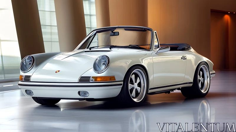 Photoreal classic convertible coupe in sculptural showroom light.