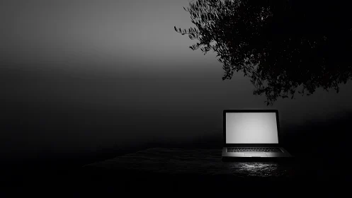 Open laptop on stone surface under dense tree canopy at night