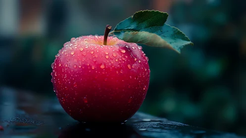 Red apple with dew drops against dark blurred background.