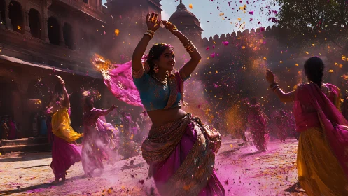Women Dancing During Holi Festival in Vibrant Traditional Attire.
