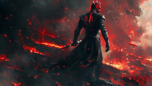 Armored warrior stands over burning volcanic battlefield.