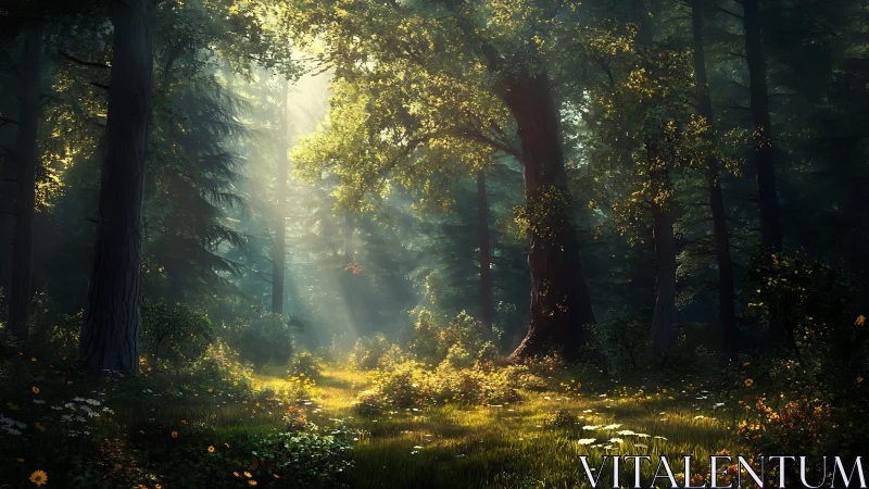 Sunlit Forest Path Through Towering Trees.