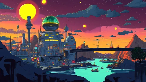 Futuristic coastal cityscape under multiple suns at dusk.