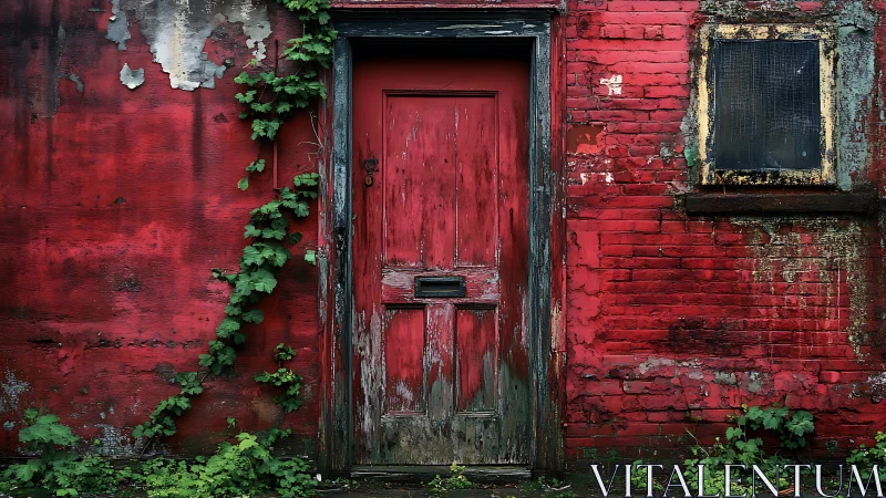 Weathered red door against ivy‑crept brick façade, photorealistic.