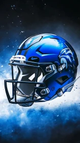 Electric blue gridiron helmet ignites storm-lit sports saga.