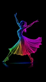 Neon line illustration shows dancer silhouette in extended pose