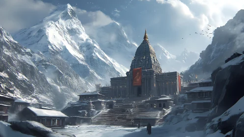 Majestic mountain temple rises in a serene winter sanctuary