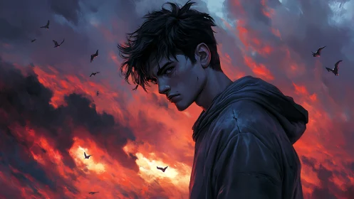 Digital painting portrait against storm-lit crimson sky.