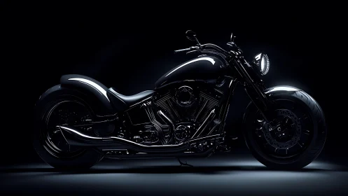 Black custom cruiser motorcycle rests in dramatic studio light