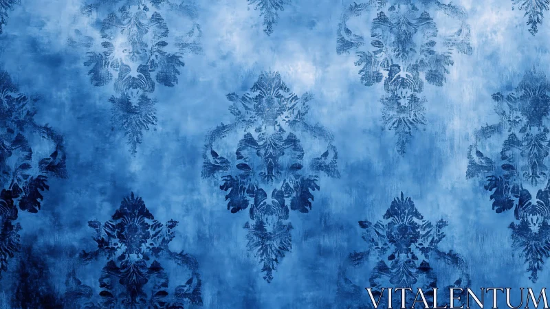 Blue damask wallpaper pattern on textured background.