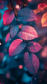Neon dew-kissed leaves under vibrant bokeh glow.