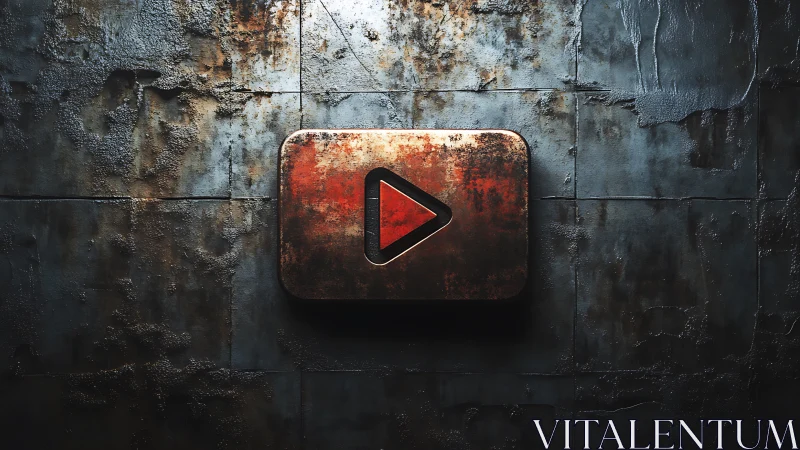 Industrial metal play icon on distressed concrete wall surface.