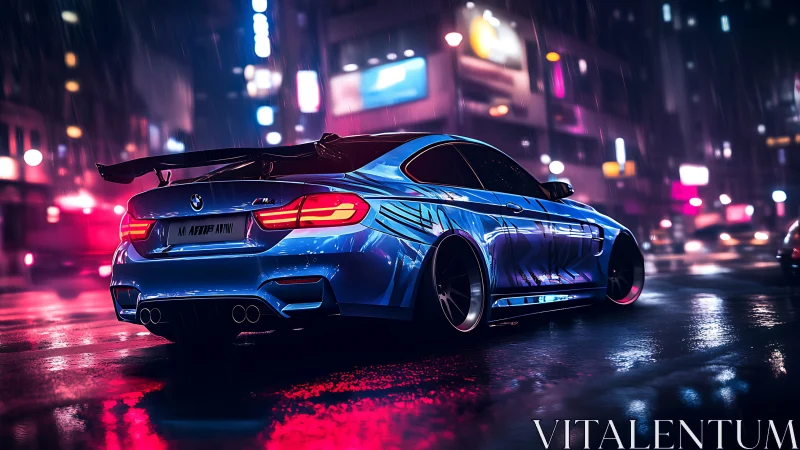 Electric blue sports car cruising through neon city rain.