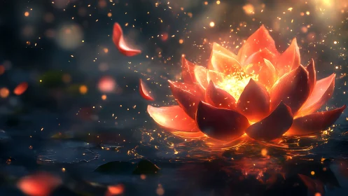 Glowing lotus blossom spills warm light across calm water