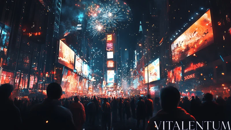 Urban crowd under fireworks amid illuminated billboards.