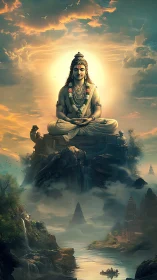 Serene deity meditating above misty river and temples.