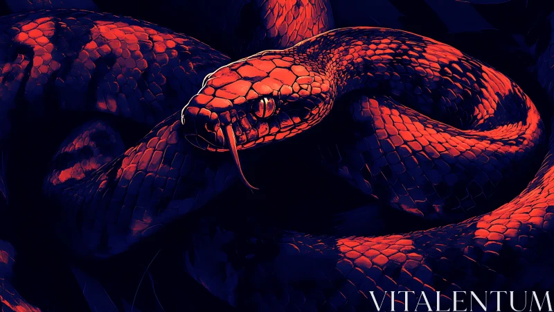 Crimson viper coiled in shadow with neon blue contrast.