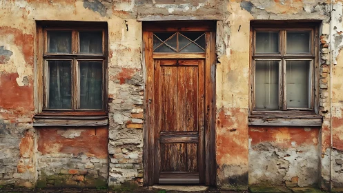 Weathered wooden door with two windows in worn facade.