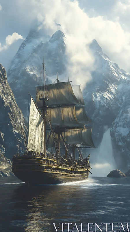 Tall ship under sail in cold fjord with misty peaks.