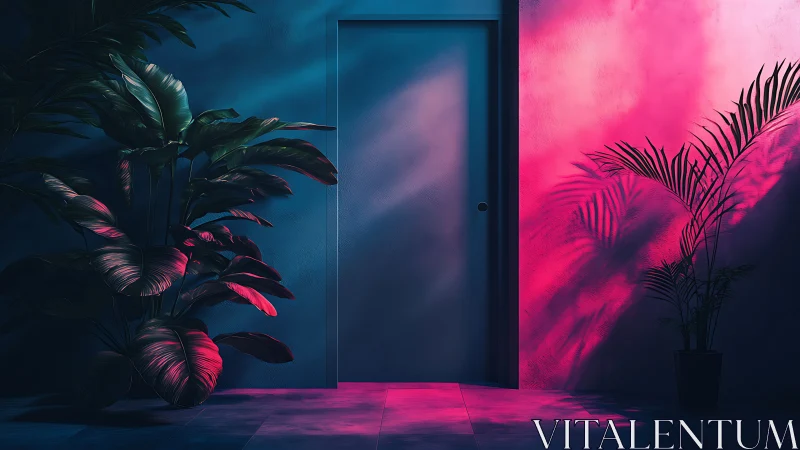 Neon-lit botanical doorway with dramatic chiaroscuro lighting.