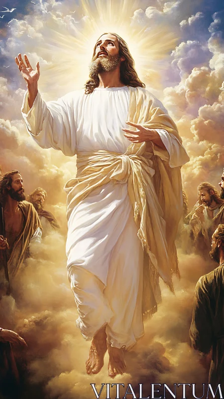 Radiant ascension through sunlit clouds and awestruck witnesses.