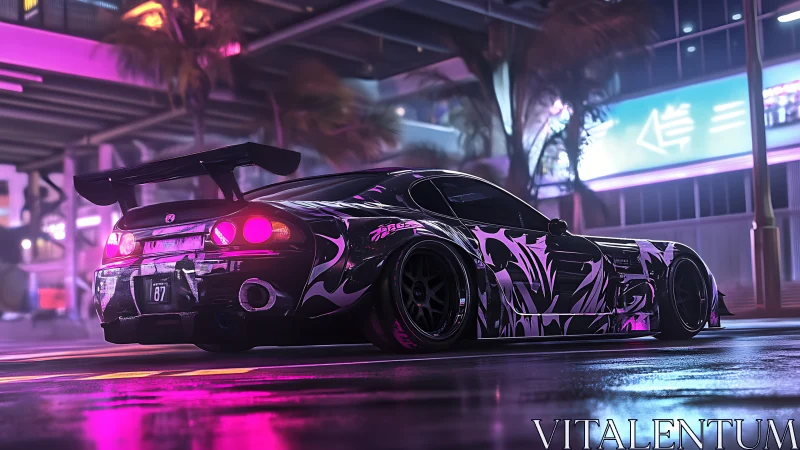 Neon-wrapped street racer glows under futuristic city lights