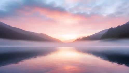 Soft sunrise over misty lake and distant mountain ridges.